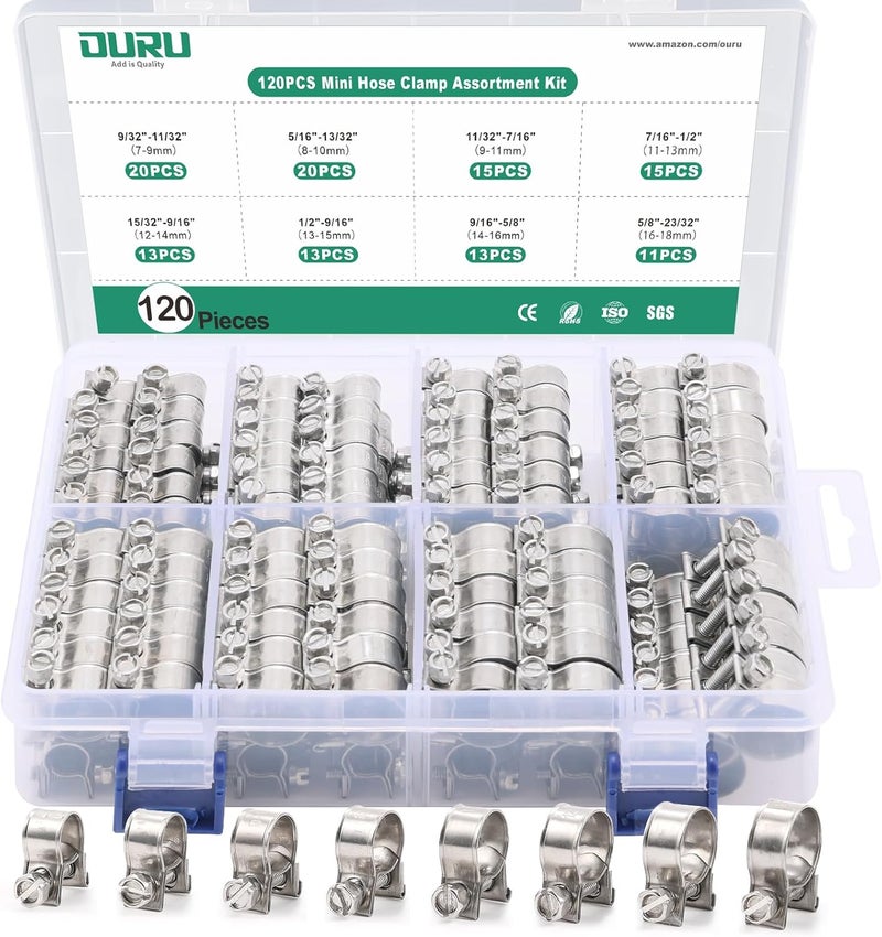 ORU 120PCS Fuel Line Clamp Assortment Kit 304 Stainless Steel,8 Sizes Adjustable 9/32"-23/32" Dia (7-18mm) Mini Fuel Injection Gas Line Hose Clamps,Pipe Clamp for Automotive,Diesel Petrol Pipe - Image 1